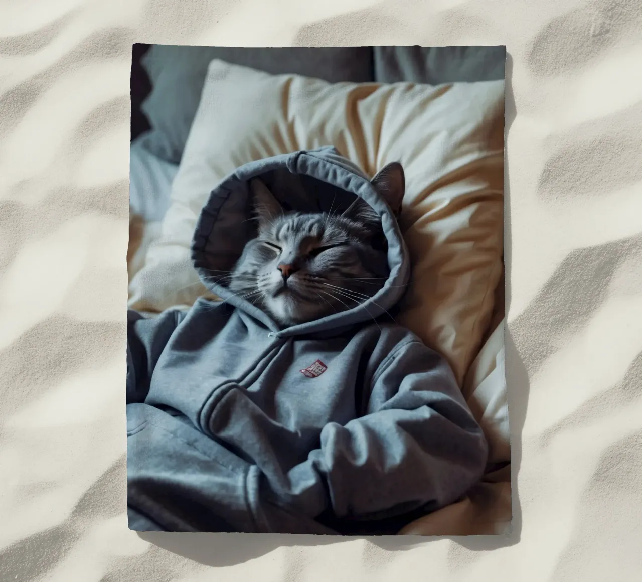 Gatto che riposa comodamente in felpa su un morbido cuscino telo mare da DesignDoodle
