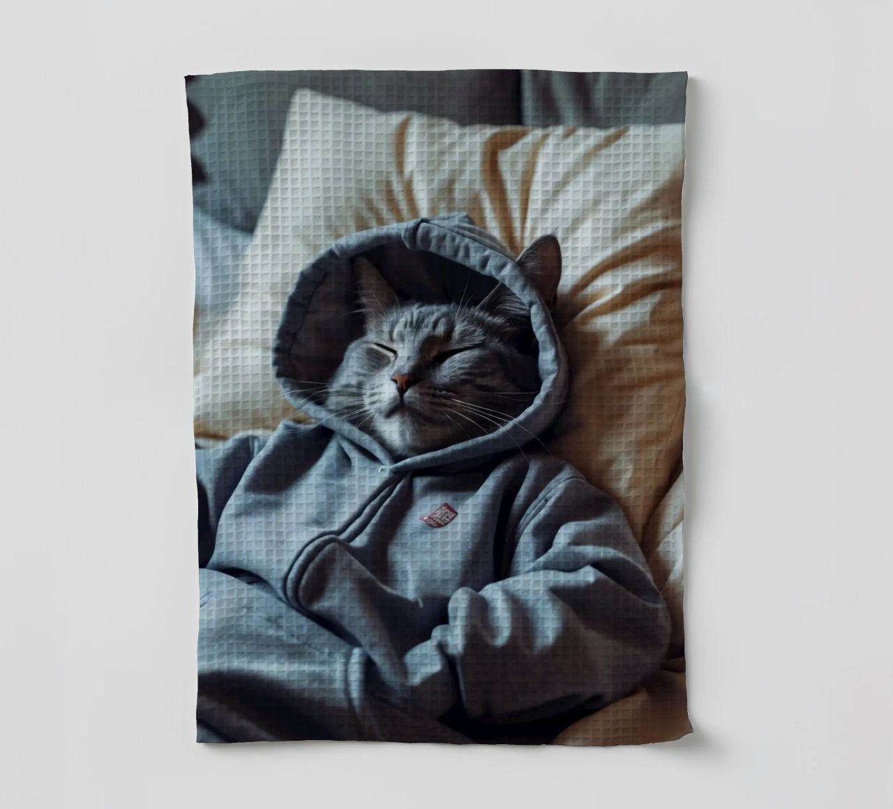Chat se reposant confortablement dans un sweat à capuche sur un oreiller moelleux torchon de DesignDoodle