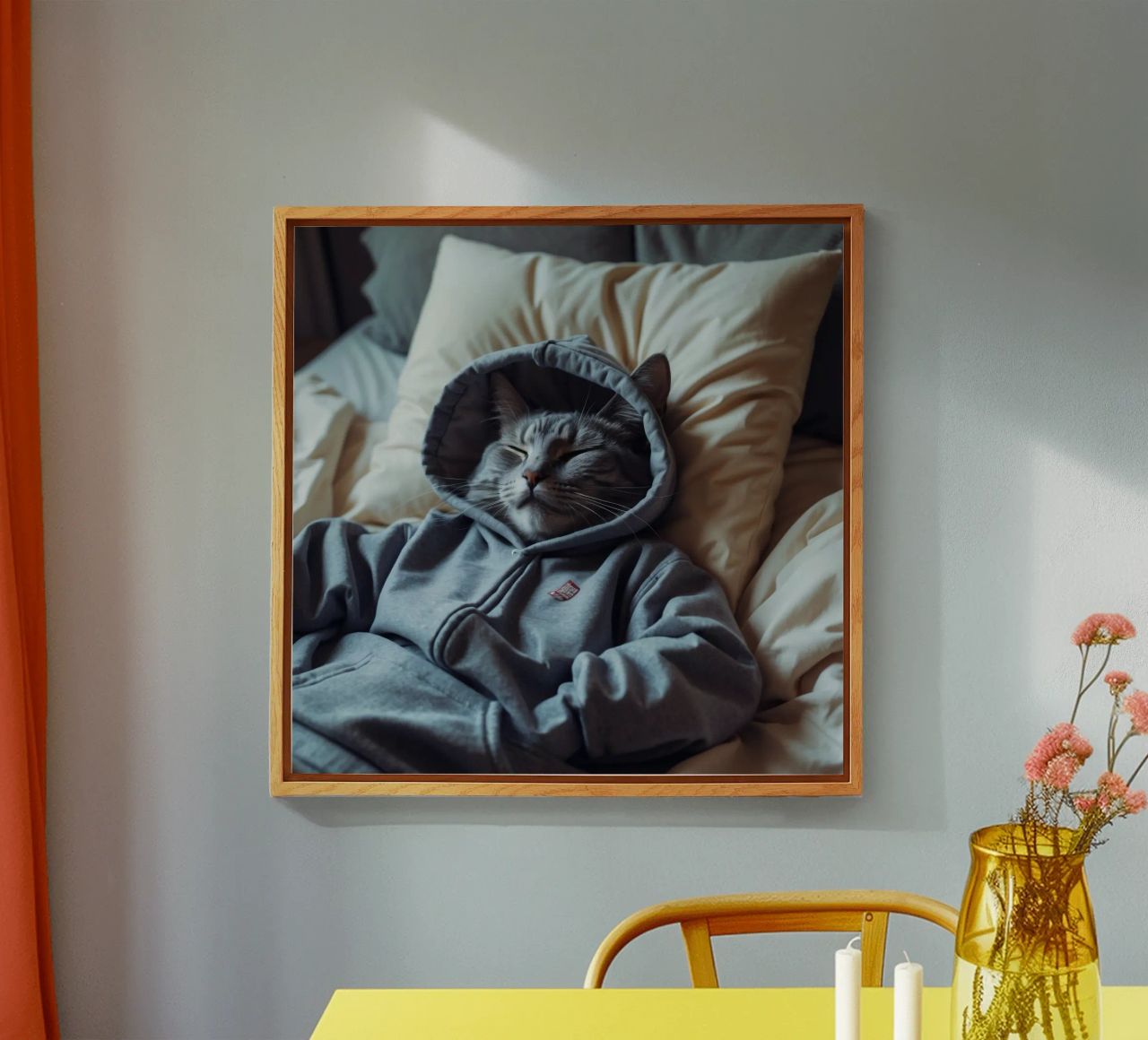 Gato descansando cómodamente en una sudadera con capucha sobre una suave almohada metacrilato de DesignDoodle
