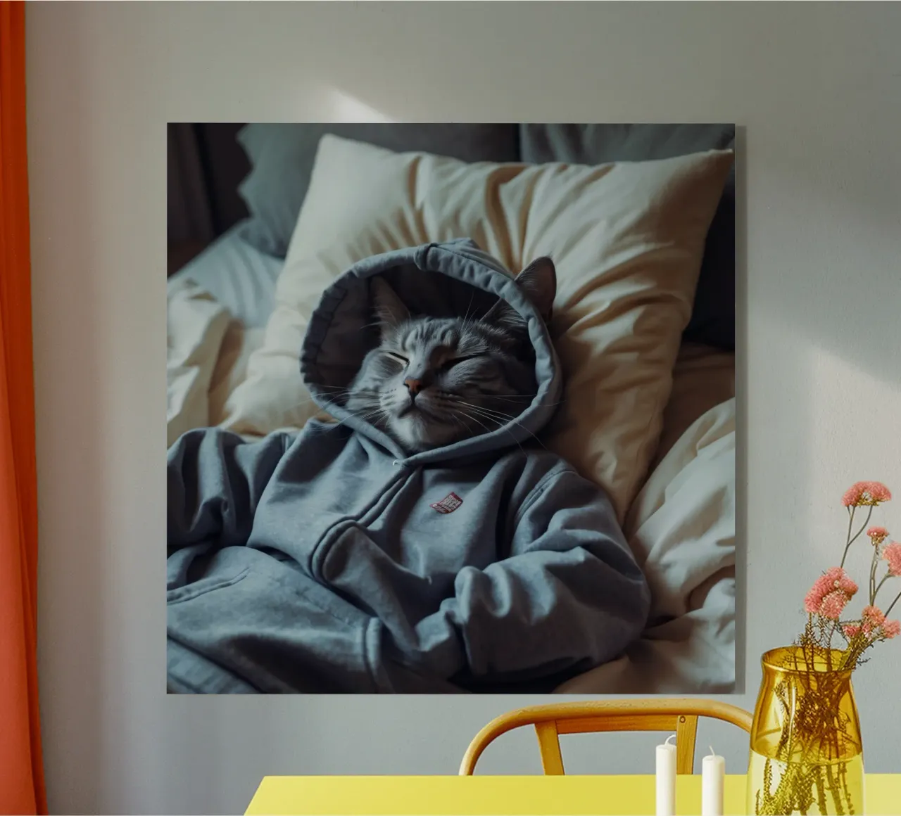Katze ruht bequem in einem Kapuzenpulli auf einem weichen Kopfkissen Acryl-Glas von DesignDoodle