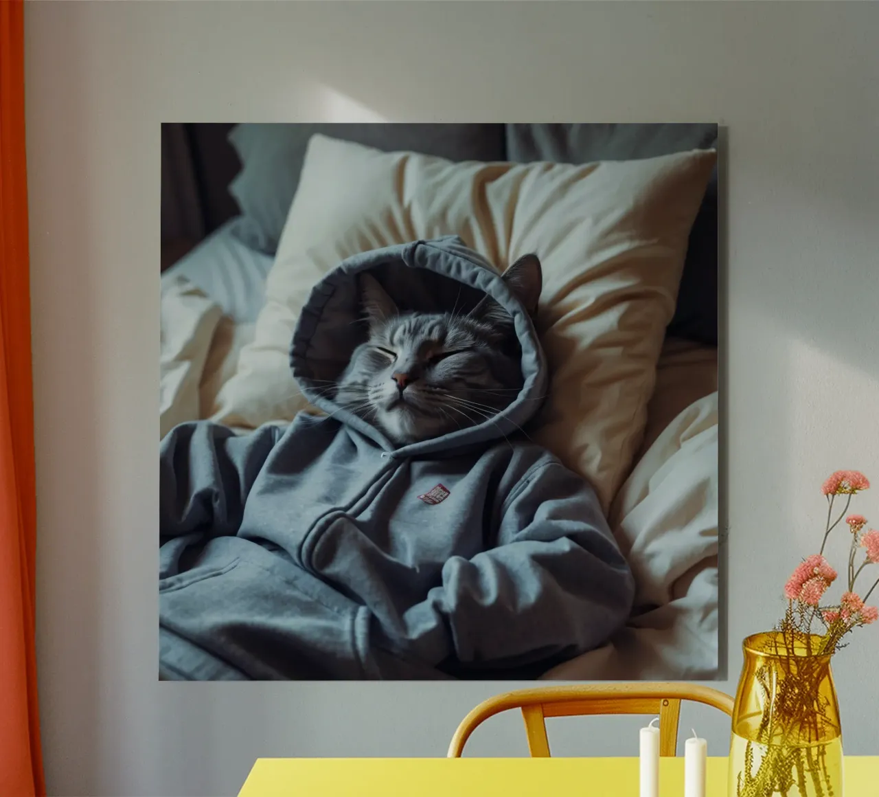 Gato descansando cómodamente en una sudadera con capucha sobre una suave almohada aluminio dibond de DesignDoodle