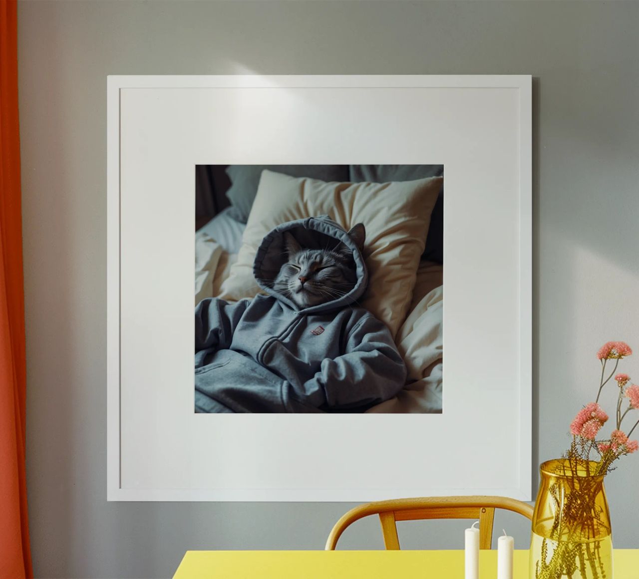 Gato descansando cómodamente en una sudadera con capucha sobre una suave almohada hahnemühle de DesignDoodle
