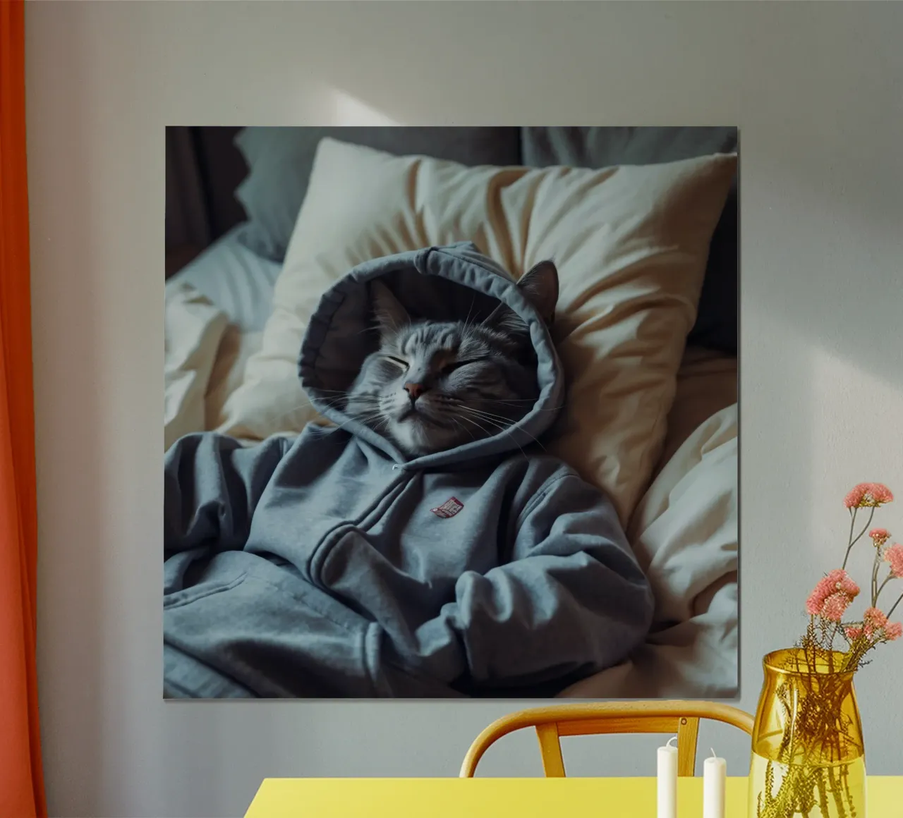 Katze ruht bequem in einem Kapuzenpulli auf einem weichen Kopfkissen Hahnemühle von DesignDoodle