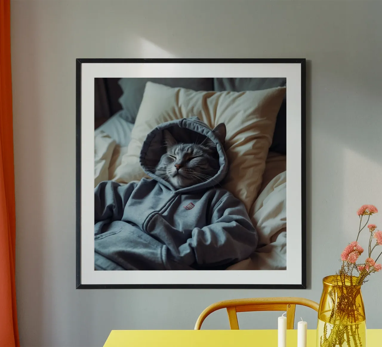 Katze ruht bequem in einem Kapuzenpulli auf einem weichen Kopfkissen Hahnemühle von DesignDoodle