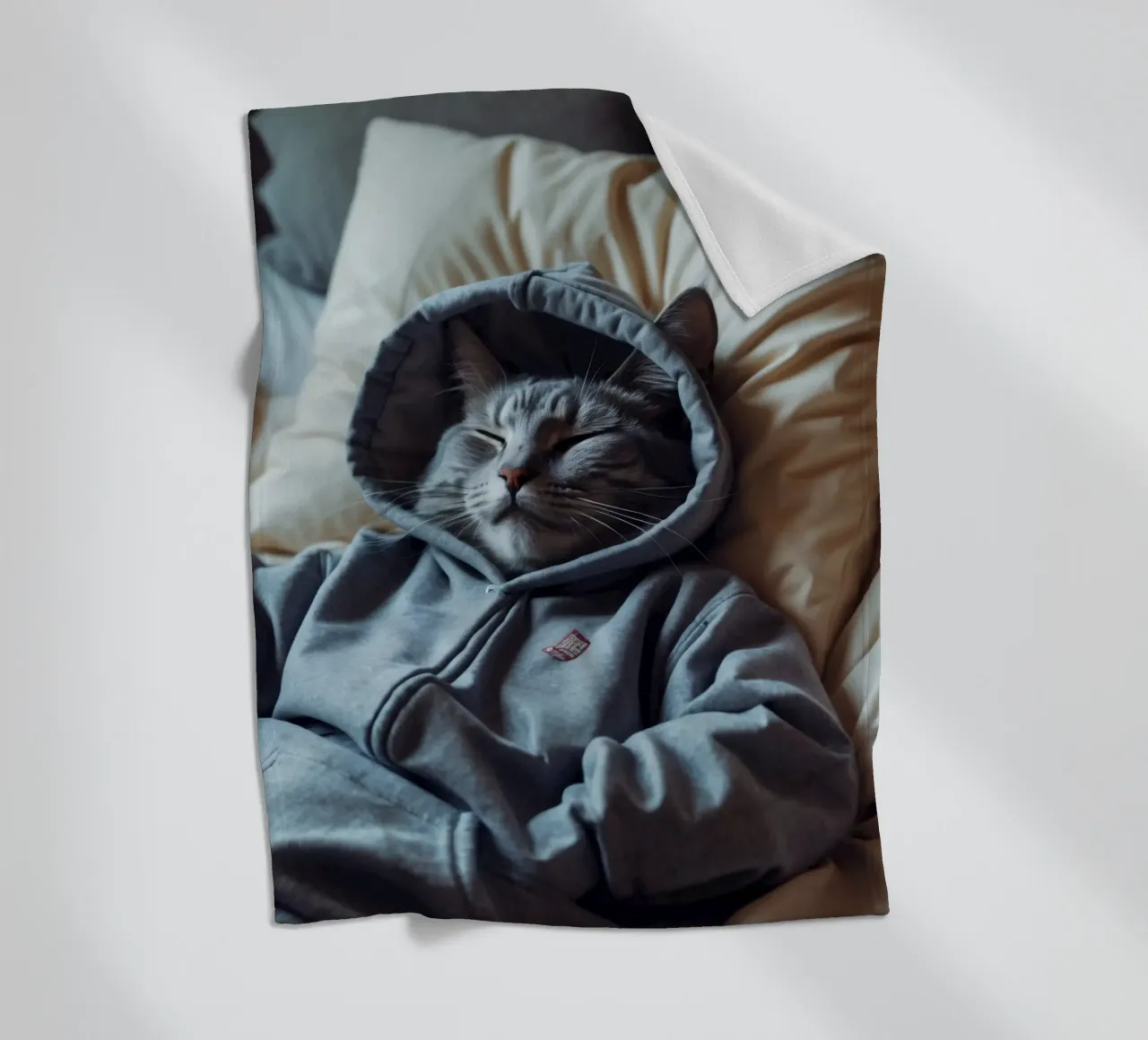 Gatto che riposa comodamente in felpa su un morbido cuscino coperta in pile da DesignDoodle