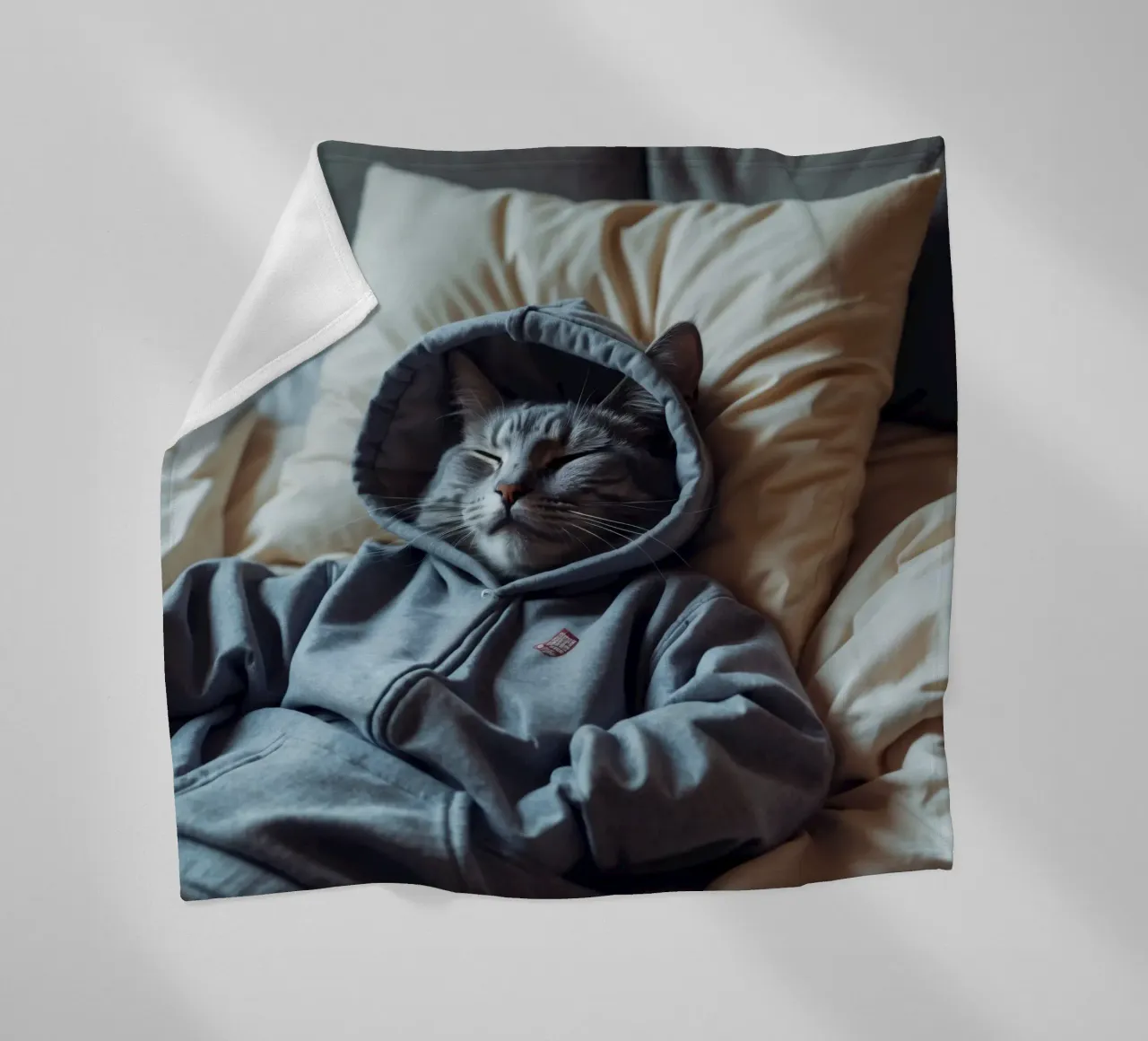 Gatto che riposa comodamente in felpa su un morbido cuscino coperta in pile da DesignDoodle