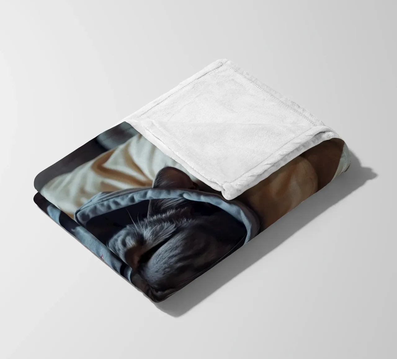 Gatto che riposa comodamente in felpa su un morbido cuscino coperta in pile da DesignDoodle