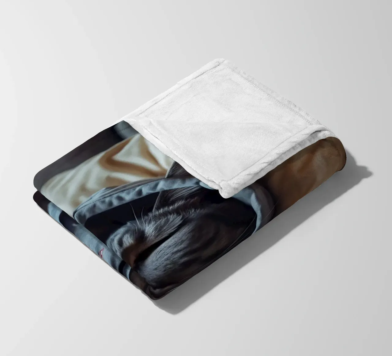 Gatto che riposa comodamente in felpa su un morbido cuscino coperta in pile da DesignDoodle