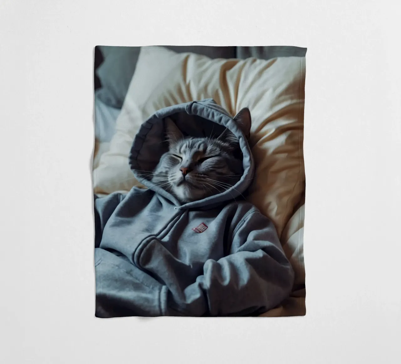 Gatto che riposa comodamente in felpa su un morbido cuscino coperta in pile da DesignDoodle