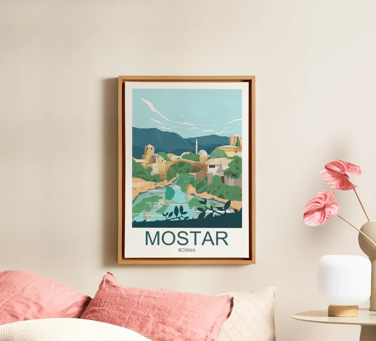 Reisafdruk Mostar - Bosnië canvas met Baklijst van Liliestudio