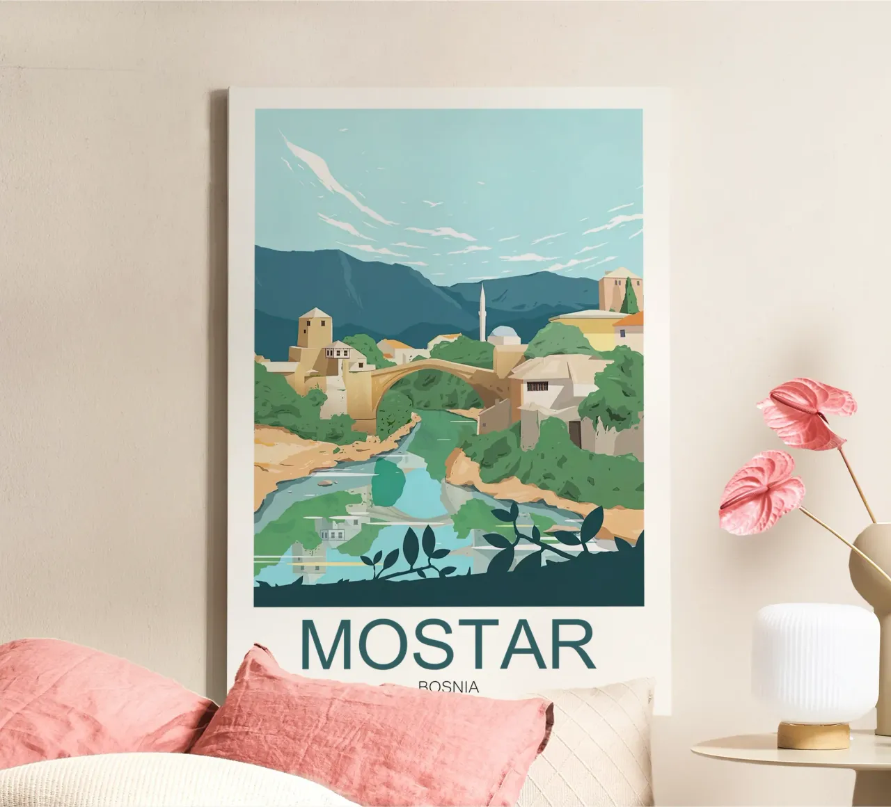 Reisafdruk Mostar - Bosnië canvas met Baklijst van Liliestudio