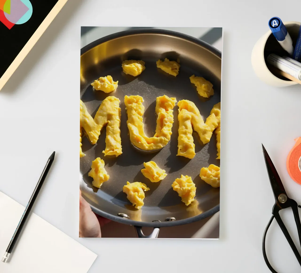 Celebrating Mum with scrambled eggs shaped into letters in a notebook by DesignDoodle