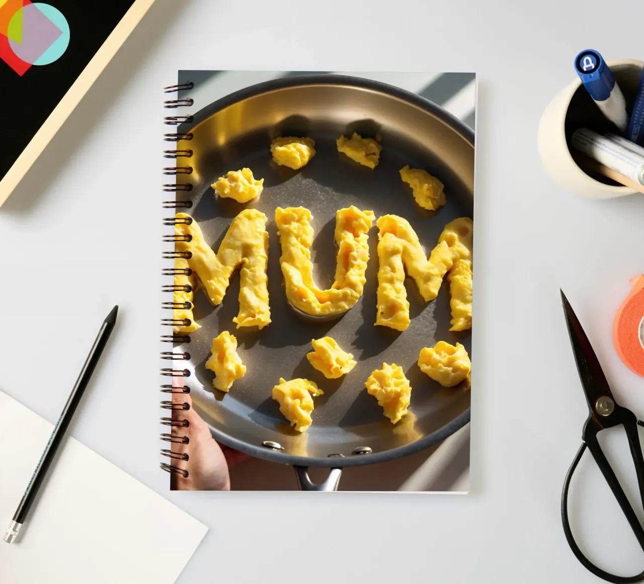 Celebrating Mum with scrambled eggs shaped into letters in a spiral notebook by DesignDoodle