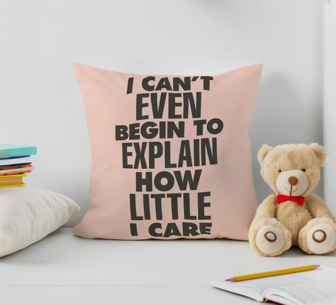 I Can't Even Begin to Explain How Little I Care in Peach decorative cushion by THE MOTIVATED TYPE