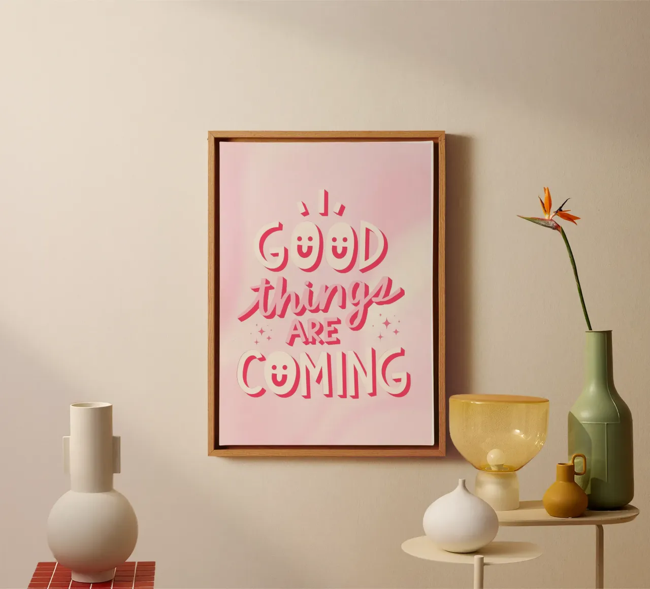 "Good Things Are Coming" Affirmation Print - Pink & Positive canvas with Floater frame by ClubArt