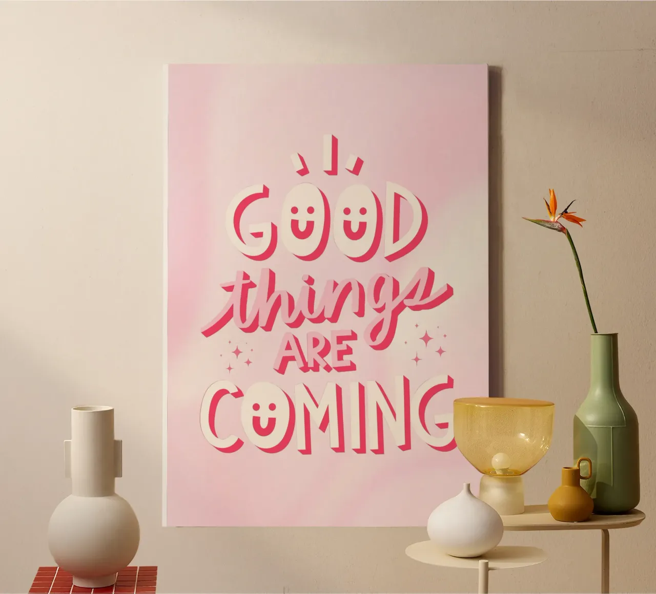 "Good Things Are Coming" Affirmation Print - Pink & Positive canvas with Floater frame by ClubArt