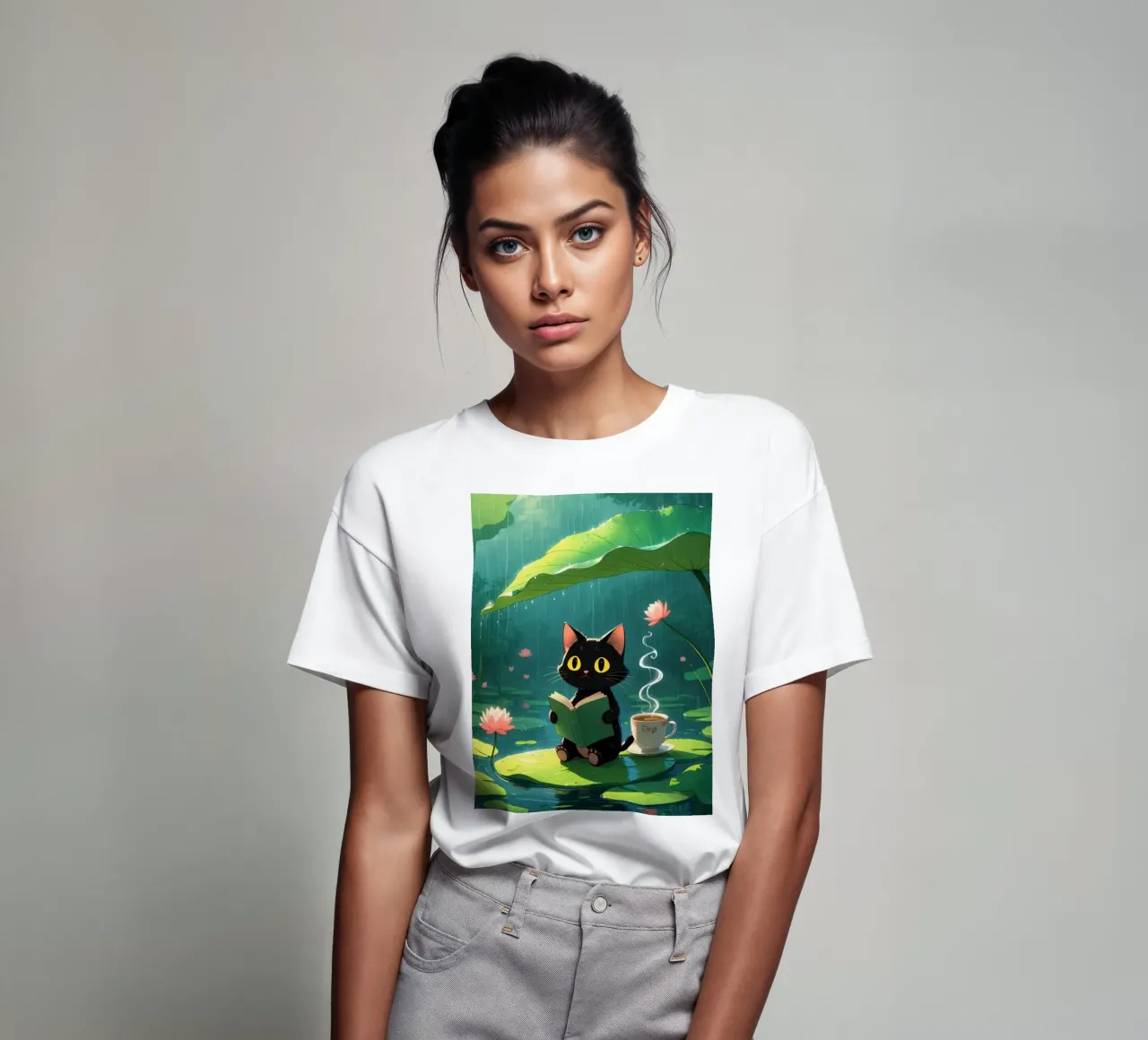 Gatto nero che legge un libro su una ninfea sotto la pioggia t-shirt da DesignDoodle