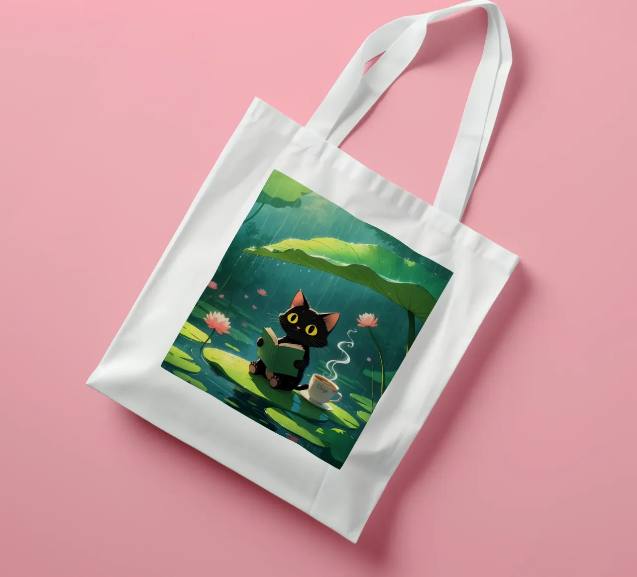 Gatto nero che legge un libro su una ninfea sotto la pioggia borsa in juta da DesignDoodle