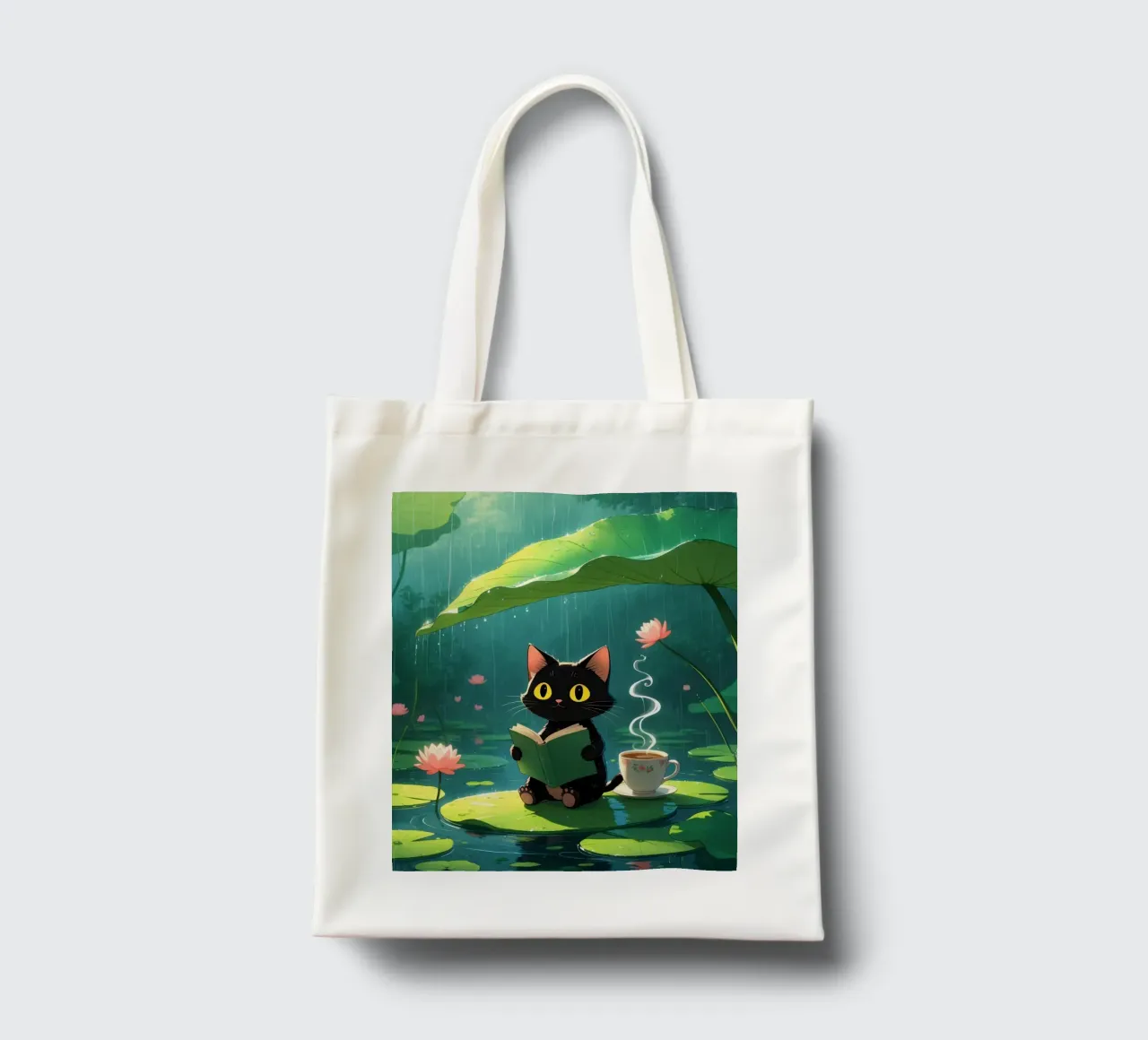 Gatto nero che legge un libro su una ninfea sotto la pioggia borsa in juta da DesignDoodle