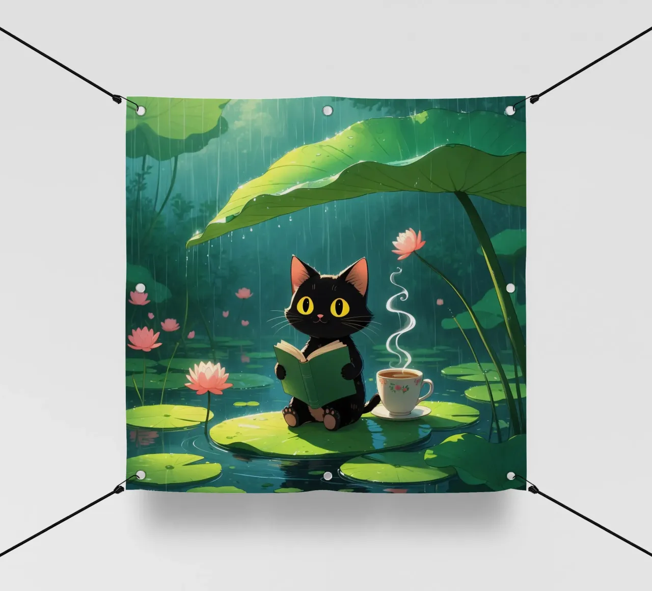 Gatto nero che legge un libro su una ninfea sotto la pioggia telo in pvc da DesignDoodle