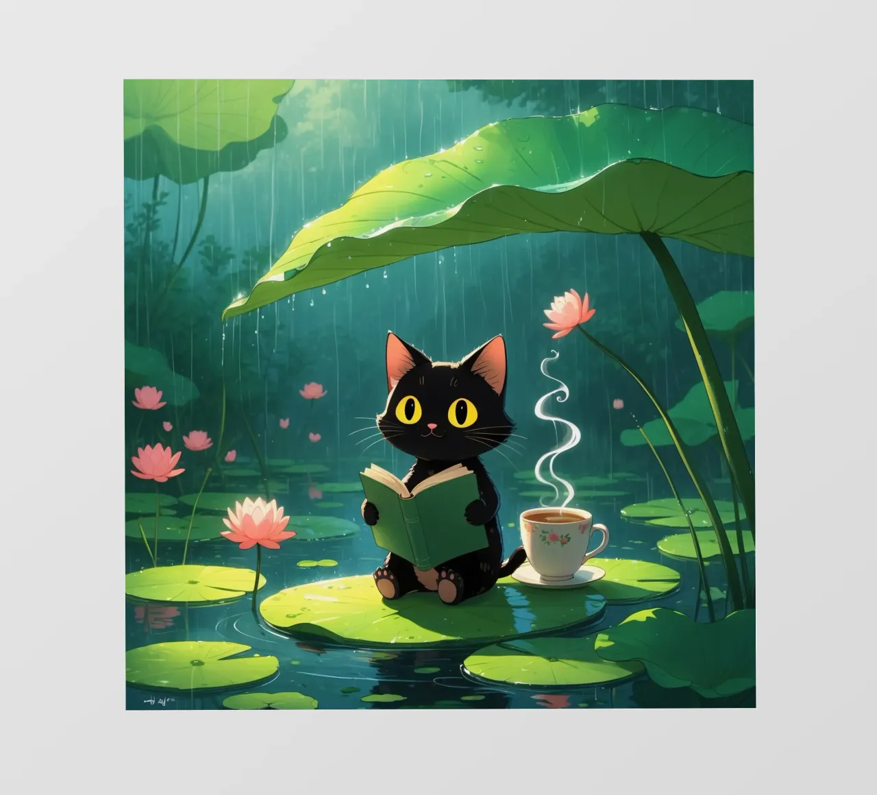 Gatto nero che legge un libro su una ninfea sotto la pioggia telo in pvc da DesignDoodle