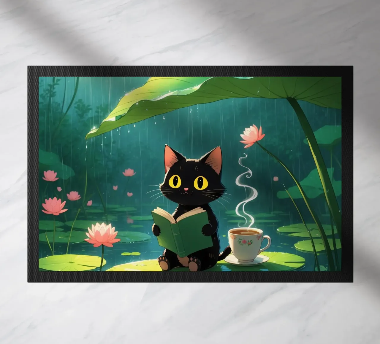 Gatto nero che legge un libro su una ninfea sotto la pioggia zerbino da DesignDoodle