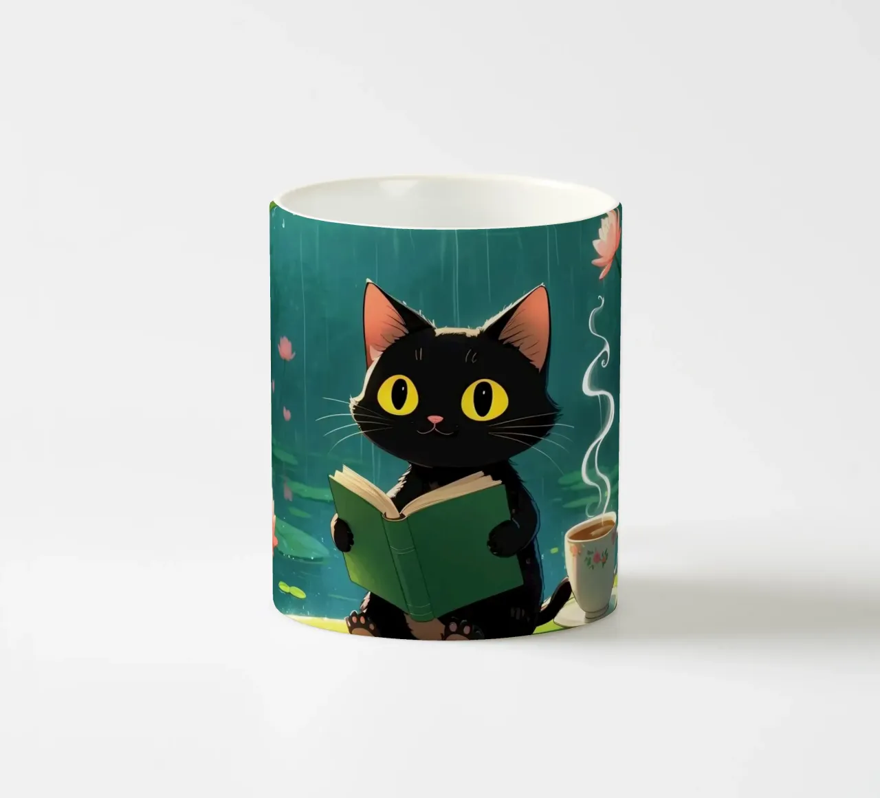 Gatto nero che legge un libro su una ninfea sotto la pioggia tazza in ceramica da DesignDoodle