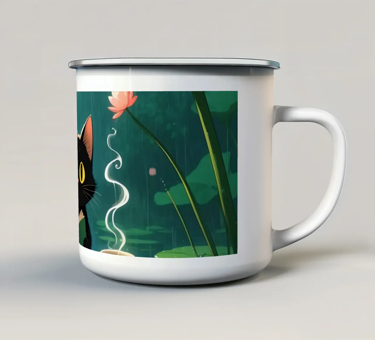Gatto nero che legge un libro su una ninfea sotto la pioggia tazza in smalto da DesignDoodle