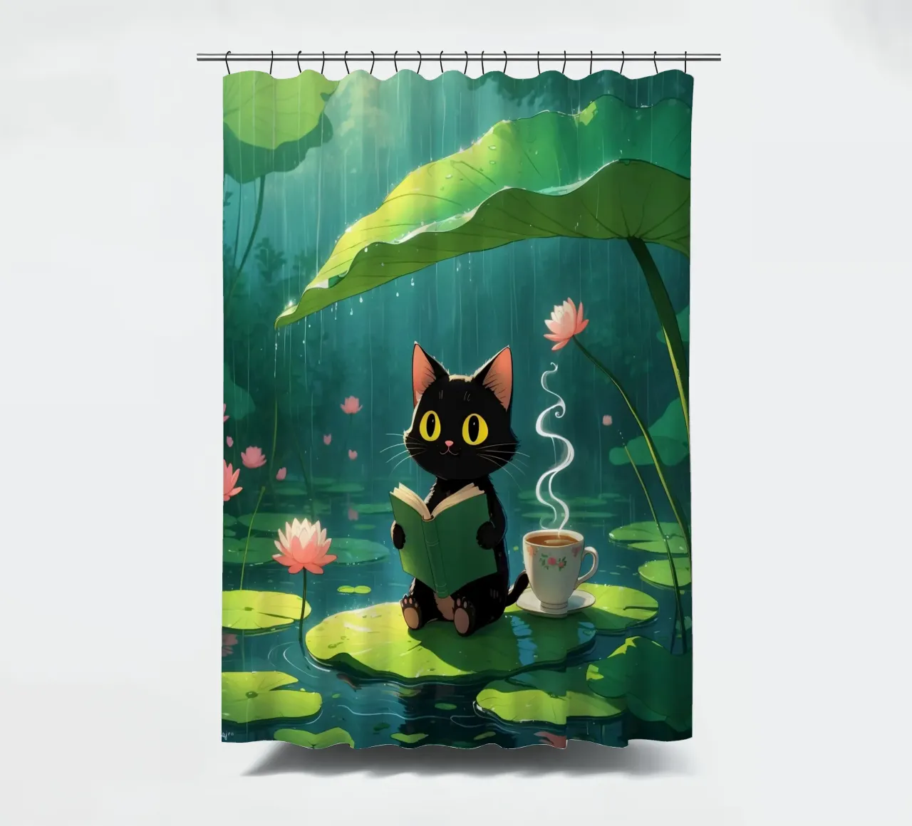Gatto nero che legge un libro su una ninfea sotto la pioggia tenda da doccia da DesignDoodle