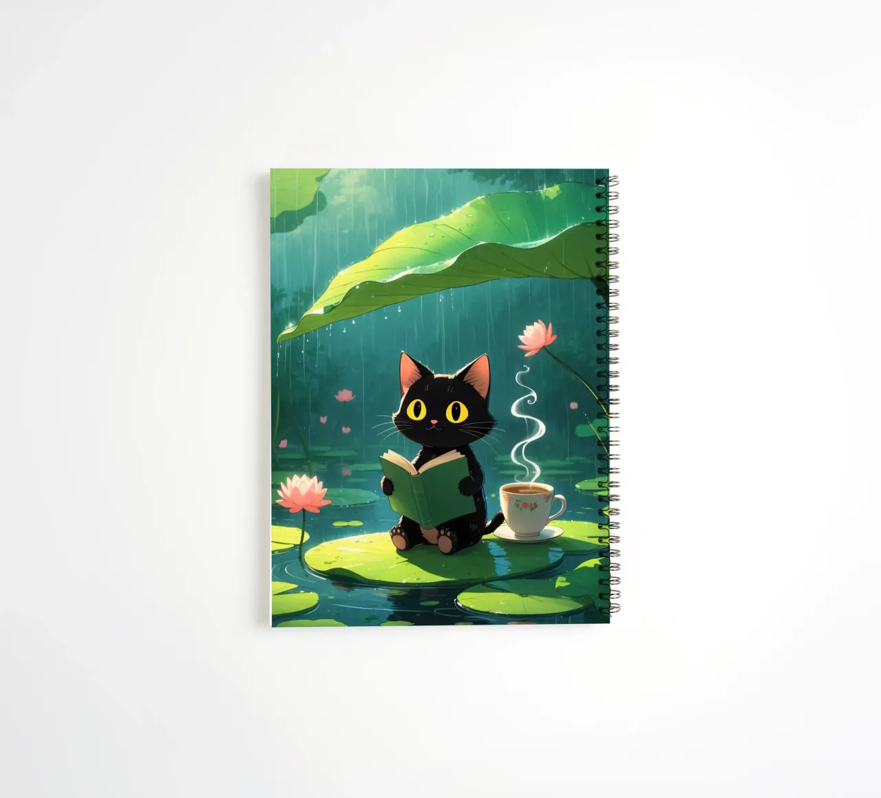 Black cat reading a book on a lily pad under rain spiral notebook by DesignDoodle