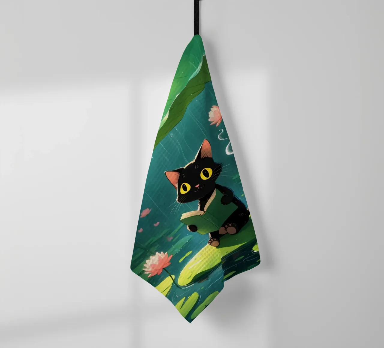 Gatto nero che legge un libro su una ninfea sotto la pioggia canovaccio da cucina da DesignDoodle