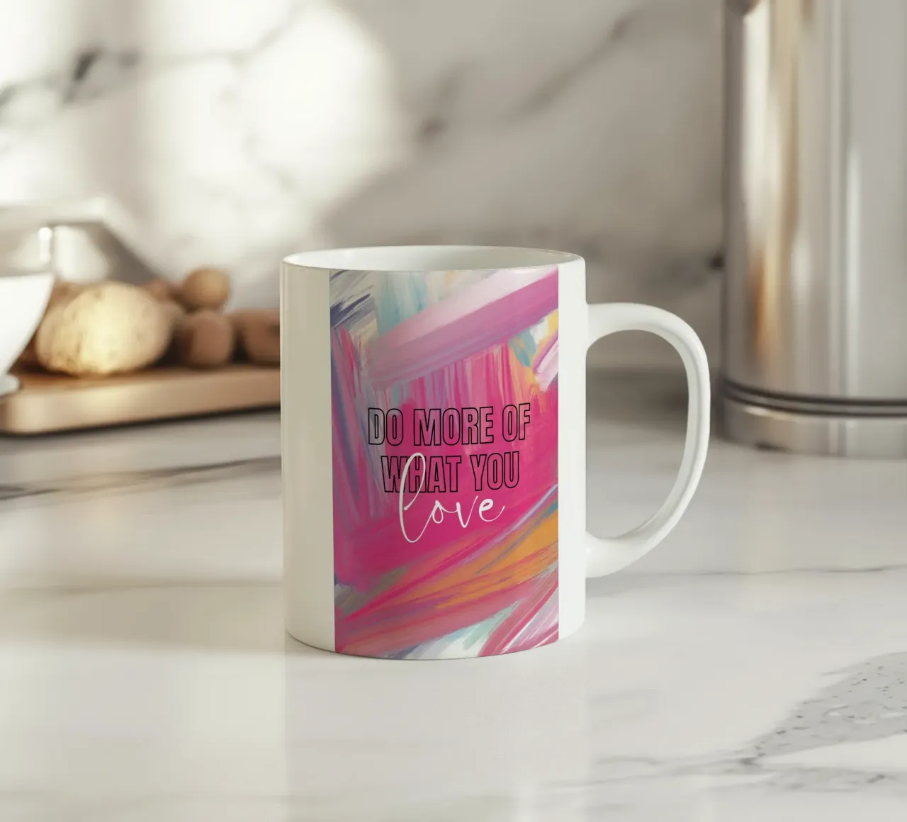 "Do More Of What You Love" Abstracte Streken Kunst - Levendig & keramische mok van ClubArt