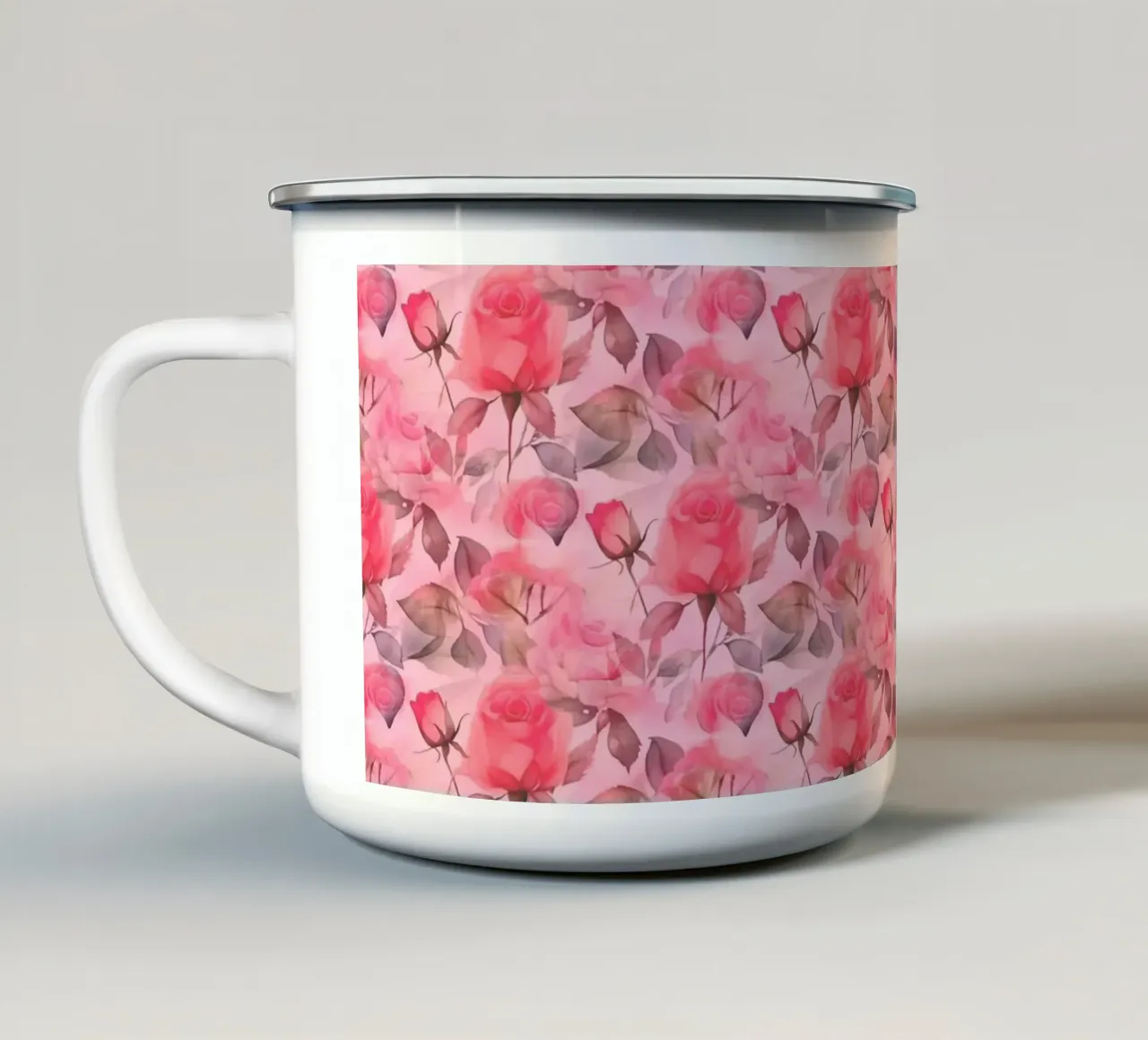 Rose delicate rosa e verdi tazza in smalto da SilverPegasus