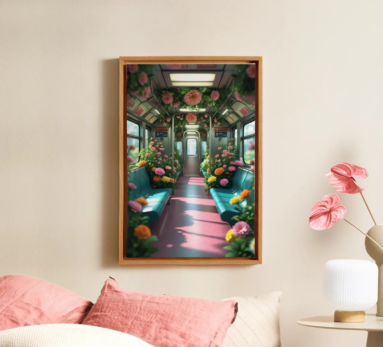 Un treno della metropolitana pieno di fiori crea una vivace esperienza di viaggio tela con Cornice a cassetta da DesignDoodle