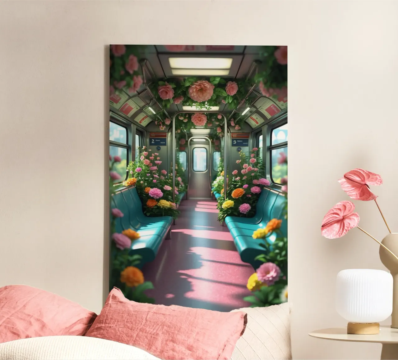 Un treno della metropolitana pieno di fiori crea una vivace esperienza di viaggio tela con Cornice a cassetta da DesignDoodle