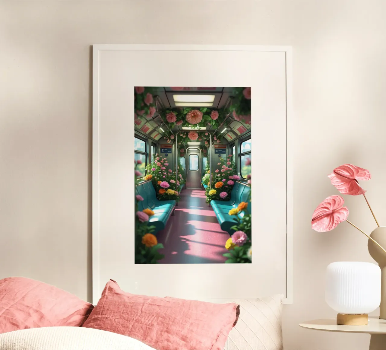 Un treno della metropolitana pieno di fiori crea una vivace esperienza di viaggio poster con telaio in plastica da DesignDoodle