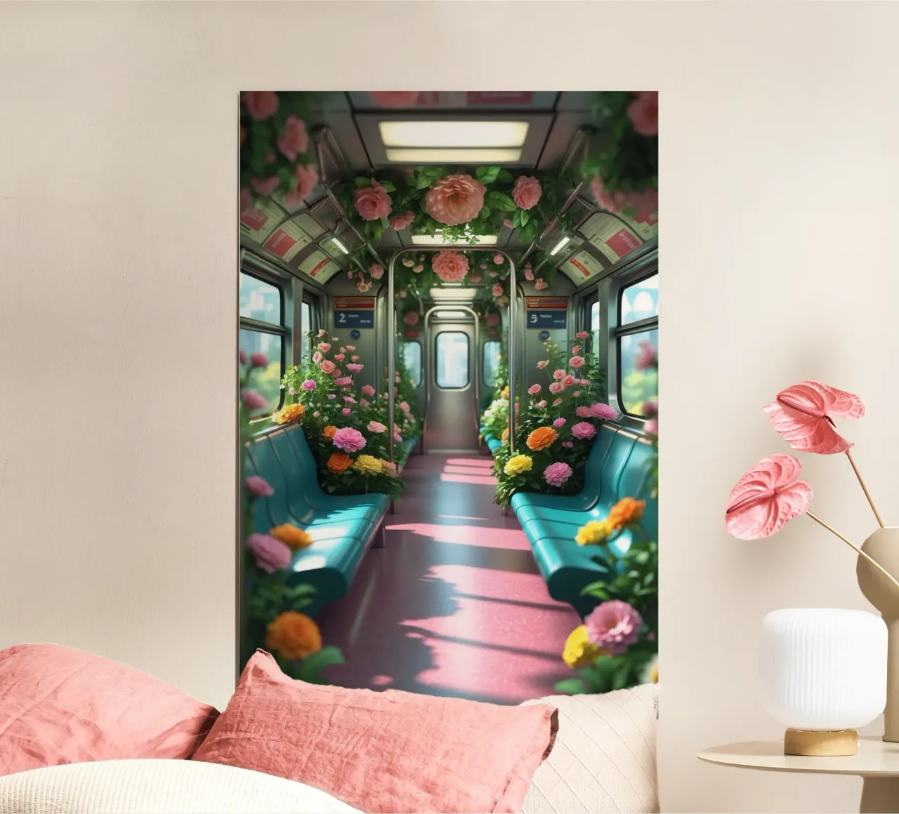 Un treno della metropolitana pieno di fiori crea una vivace esperienza di viaggio poster con telaio in plastica da DesignDoodle
