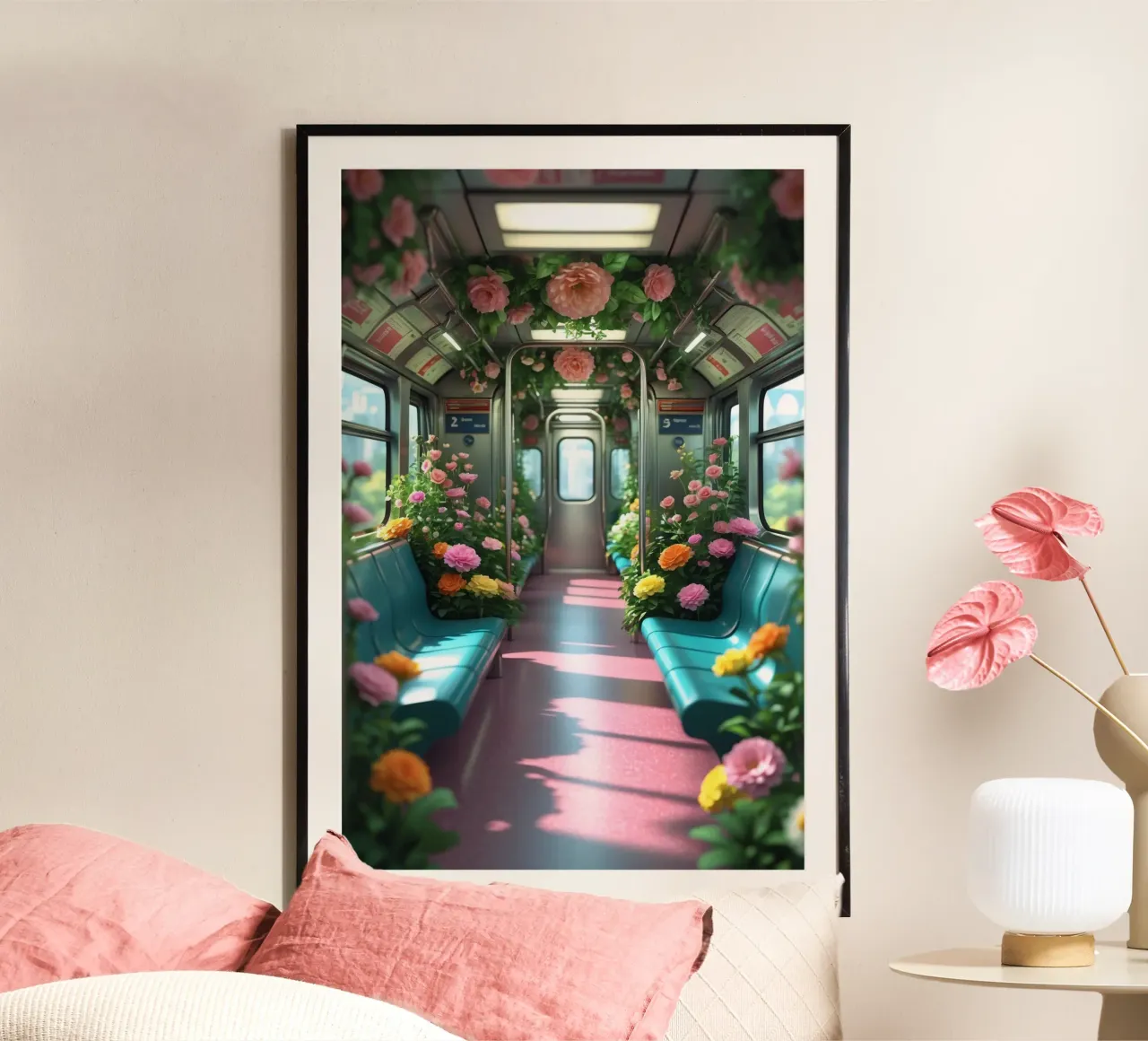 Un treno della metropolitana pieno di fiori crea una vivace esperienza di viaggio poster con telaio in plastica da DesignDoodle