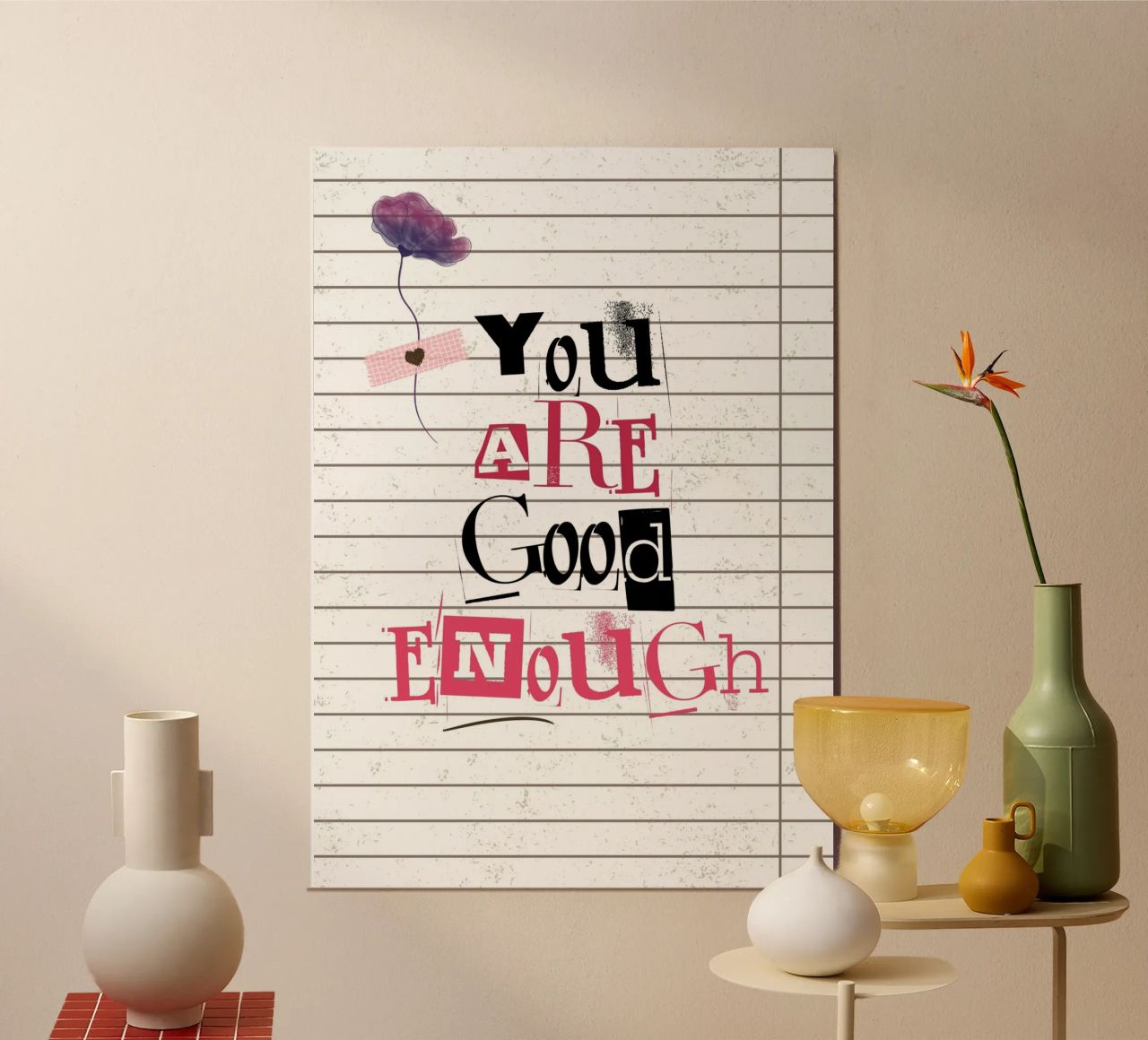 Affirmation artistique "Vous êtes assez bien" - Autonomie et texture poster avec cadre en plastique de ClubArt