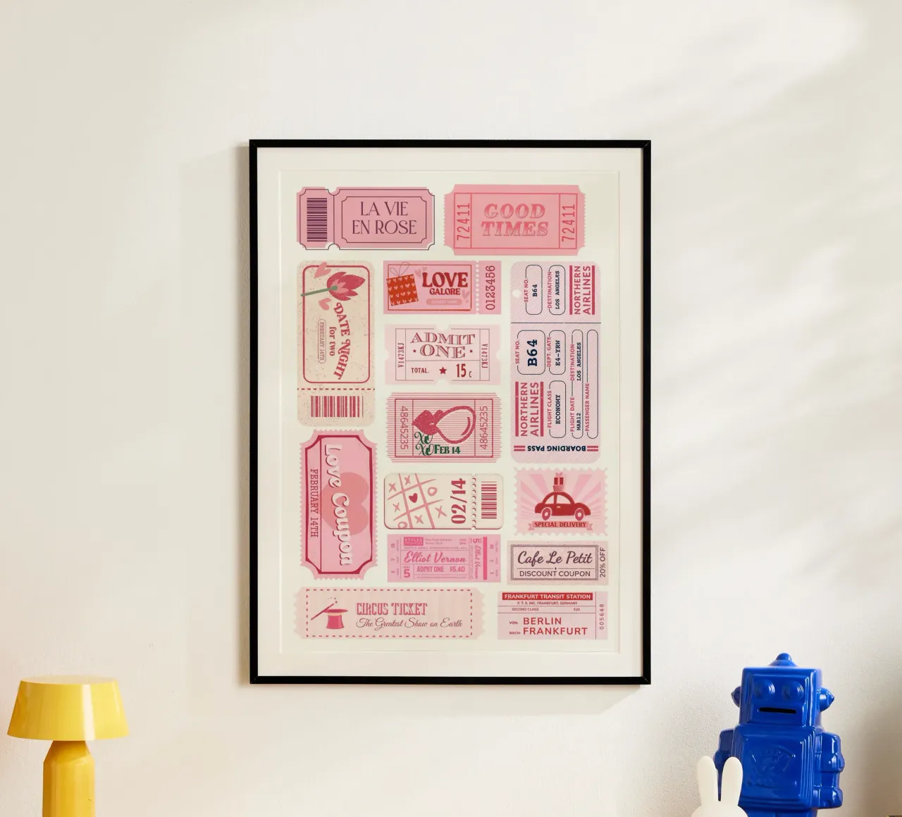 "Love Ticket" Retro Ephemera Art - Romantic & Nostalgic poster con telaio in legno da ClubArt