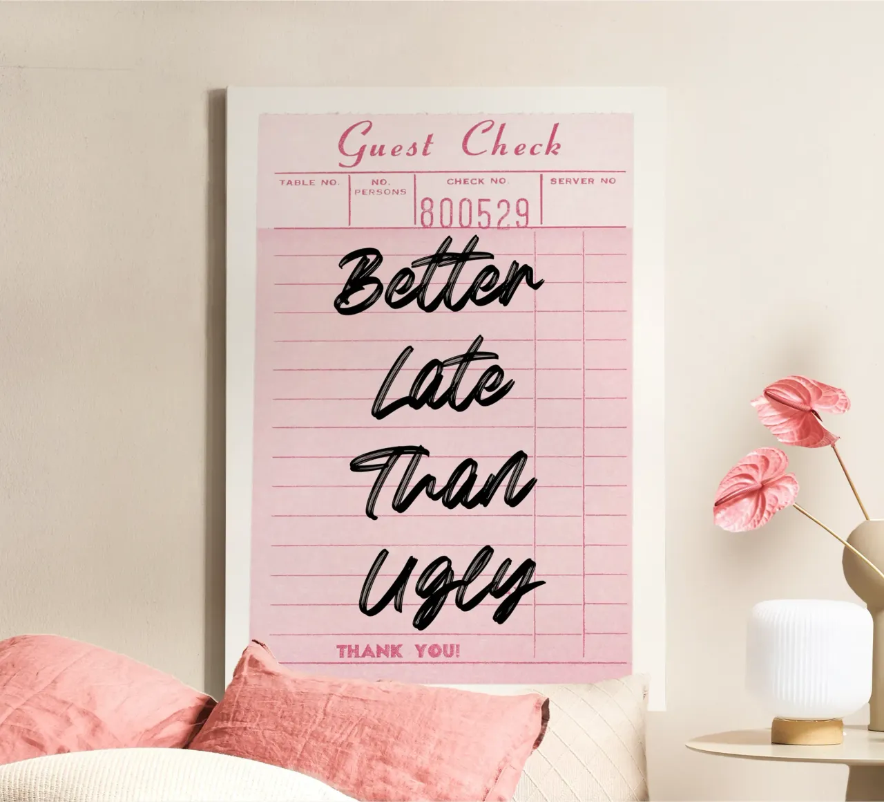 "Better Late Than Ugly" Retro Guest Check Art - Humorous Chi canvas by ClubArt