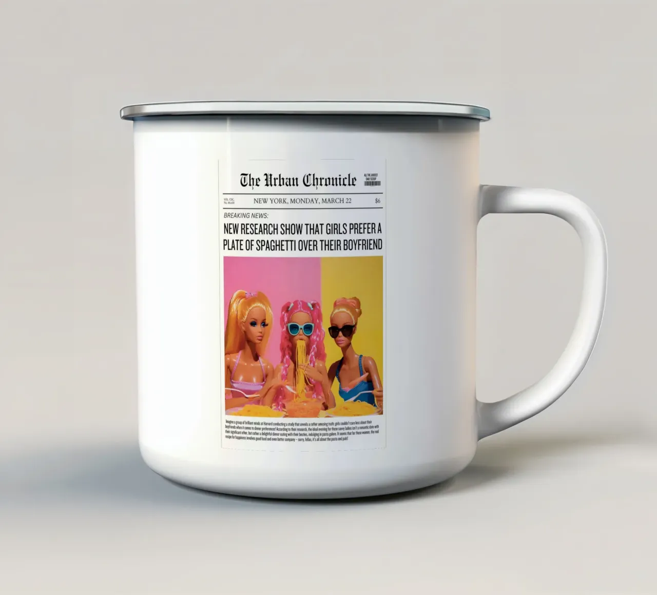 "Spaghetti Over Boyfriend" Satirical Pop Art - Barbie Fun tazza in smalto da ClubArt