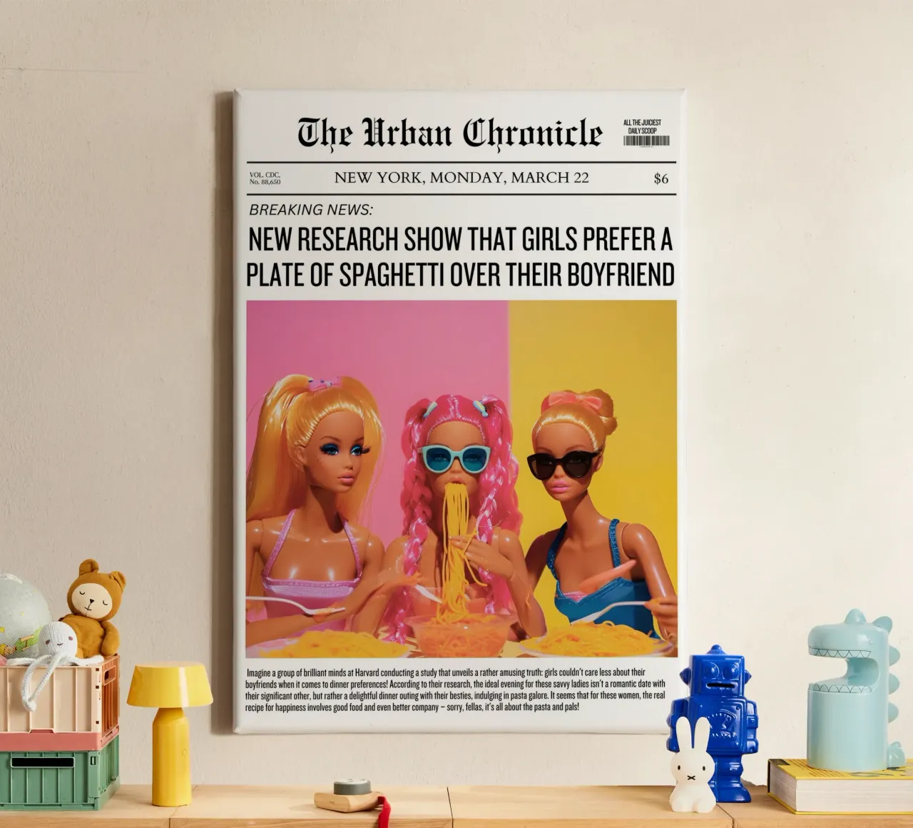 "Spaghetti Over Boyfriend" Satirical Pop Art - Barbie Fun tela con Cornice a cassetta da ClubArt