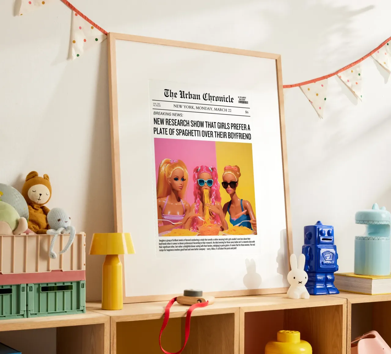 "Spaghetti Over Boyfriend" Satirical Pop Art - Barbie Fun poster con telaio in plastica da ClubArt
