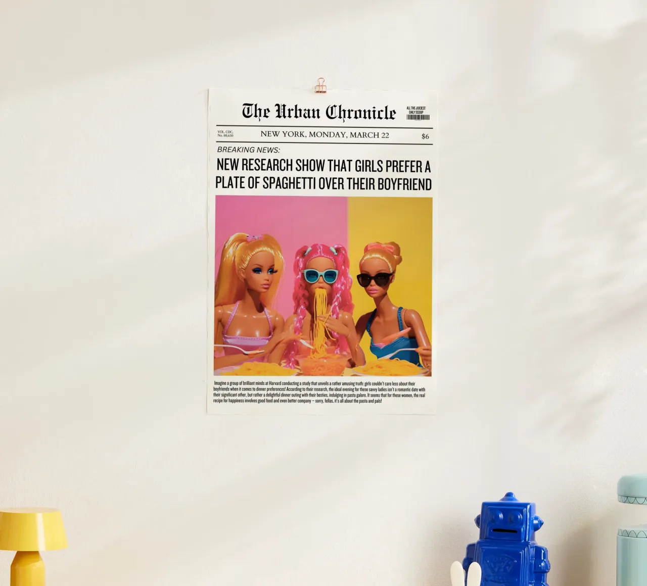 "Spaghetti Over Boyfriend" Satirical Pop Art - Barbie Fun poster con telaio in plastica da ClubArt