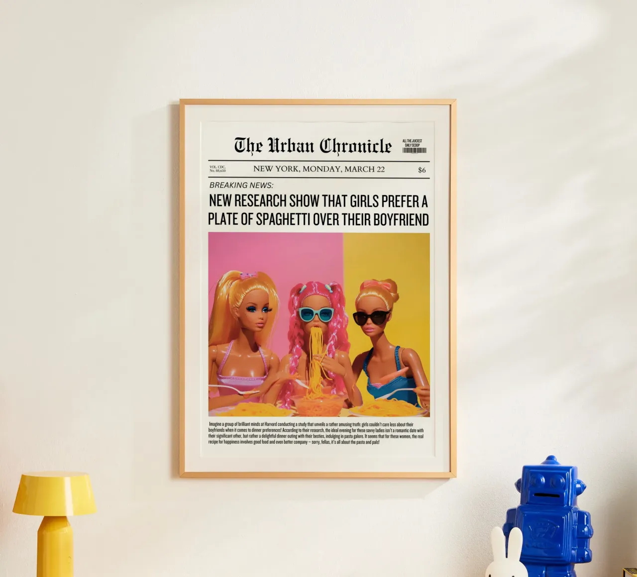 "Spaghetti Over Boyfriend" Satirical Pop Art - Barbie Fun poster con telaio in plastica da ClubArt
