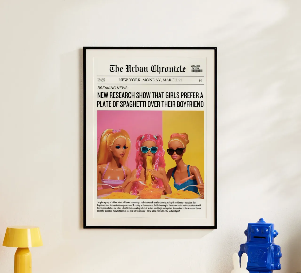 "Spaghetti Over Boyfriend" Satirical Pop Art - Barbie Fun poster con telaio in plastica da ClubArt