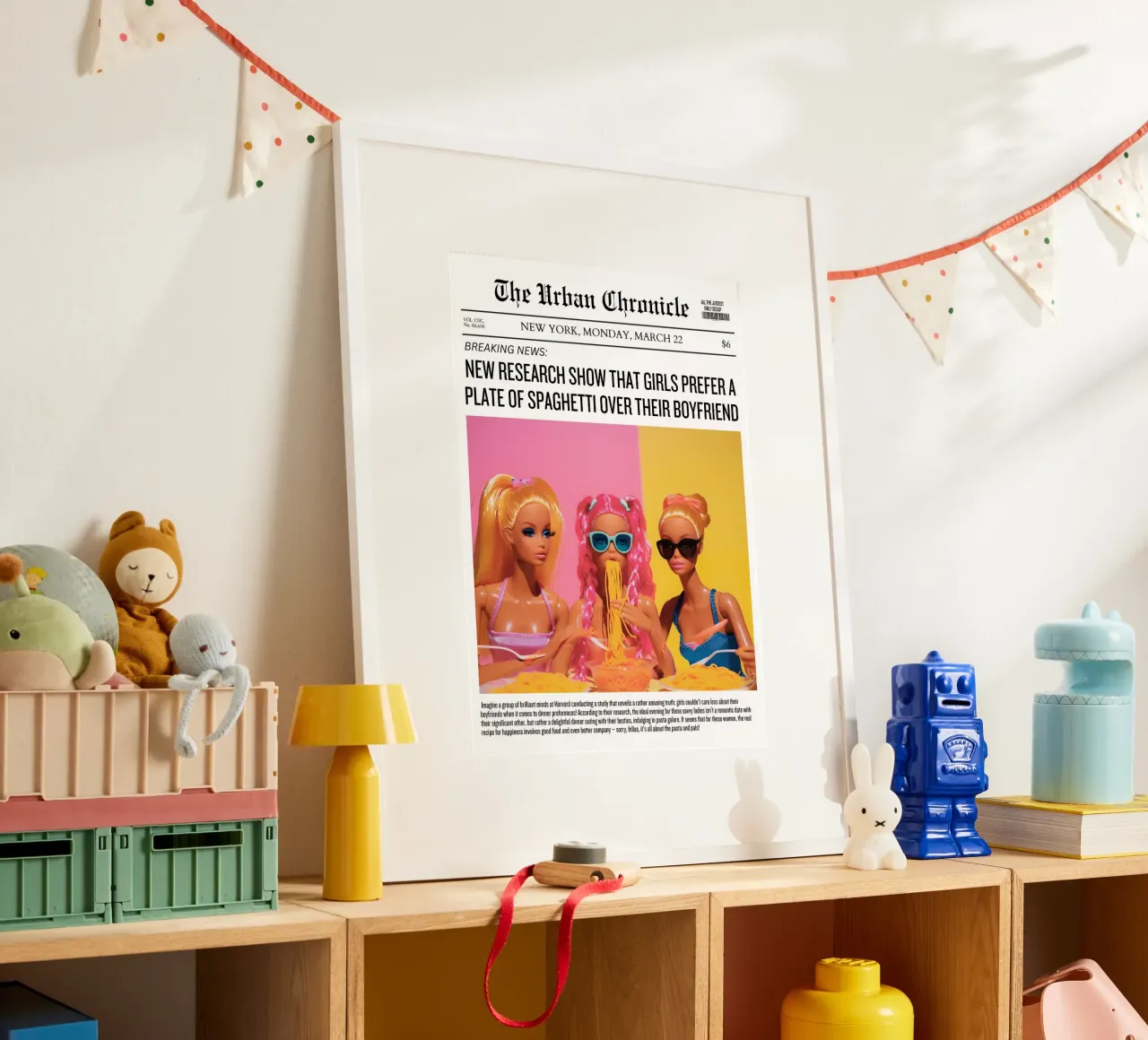 "Spaghetti Over Boyfriend" Satirical Pop Art - Barbie Fun poster con telaio in plastica da ClubArt