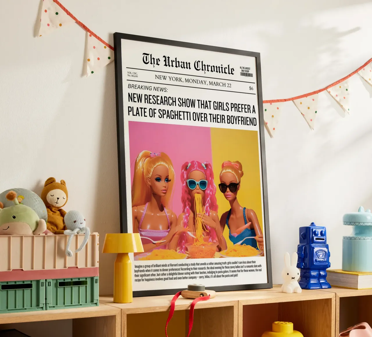 "Spaghetti Over Boyfriend" Satirical Pop Art - Barbie Fun poster con telaio in plastica da ClubArt