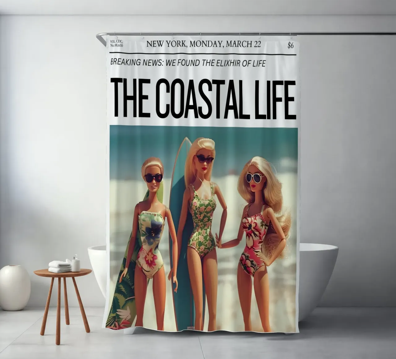 Satirische kunst "Coastal Life Elixir" - Strand Barbie Vibes douchegordijn van ClubArt